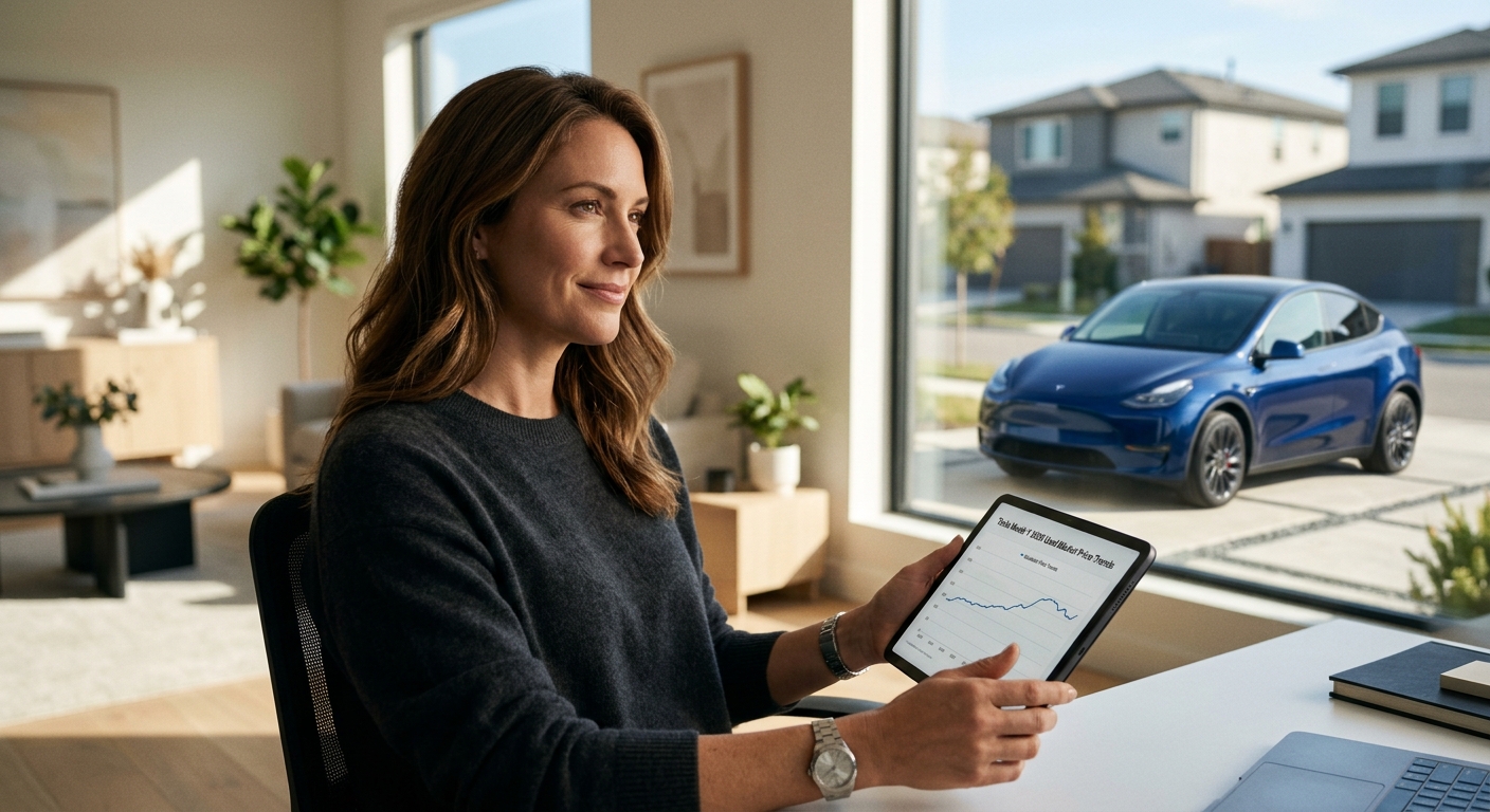 Woman at home office desk holding tablet displaying price trend graph, with blue Tesla Model Y visible in driveway through...