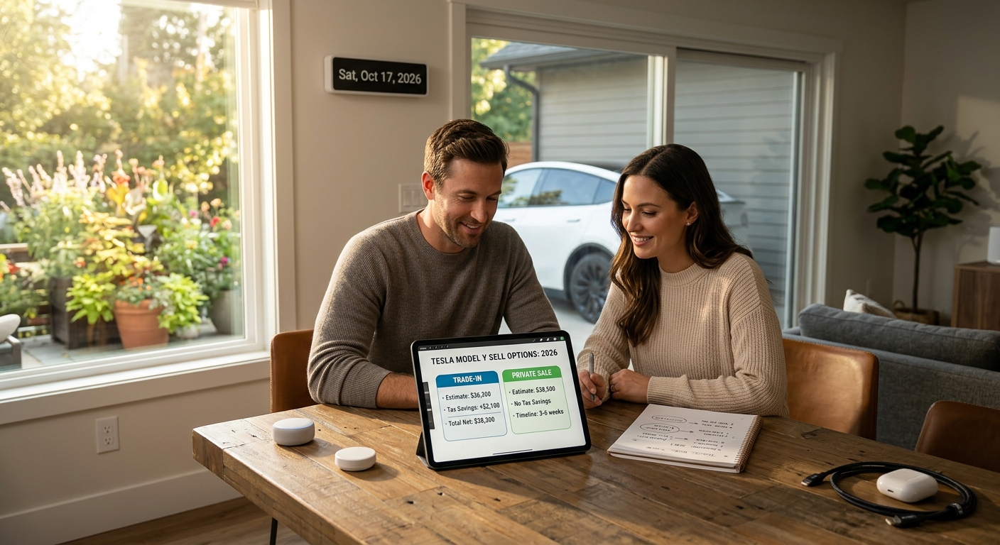 Couple reviewing Tesla Model Y sell options on tablet showing trade-in and private sale comparisons at wooden table with g...