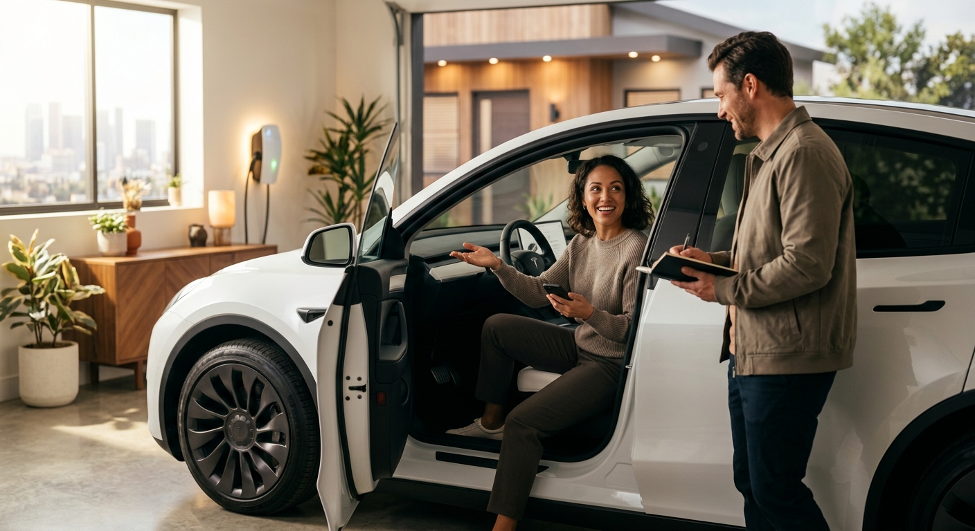 Woman sitting in white electric vehicle with door open while man holding tablet stands beside her in modern showroom