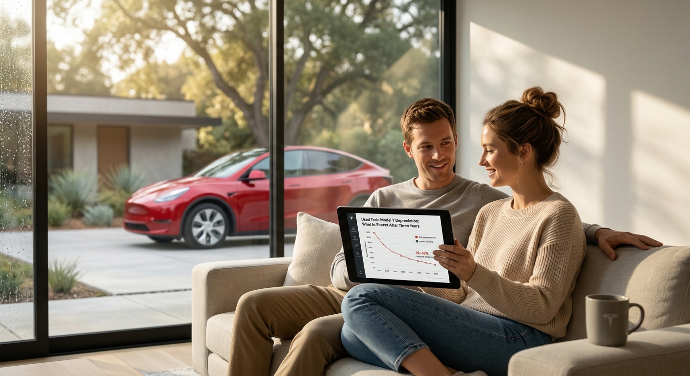 Couple on a couch viewing a depreciation chart on a tablet, with a red Tesla Model Y visible through large windows behind ...