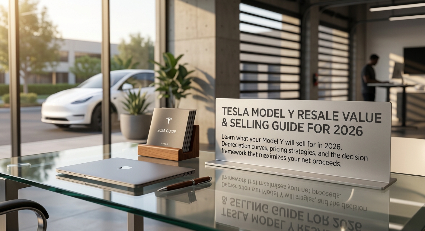 Glass desk with laptop, pen, and Tesla 2026 guide booklet in wooden stand, with informational placard about Model Y resale...