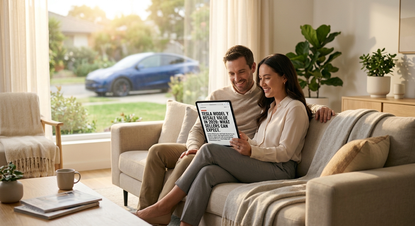 Couple sitting on a couch viewing a tablet displaying "Tesla Model Y Resale Value in 2026: What Sellers Can Expect" with a...