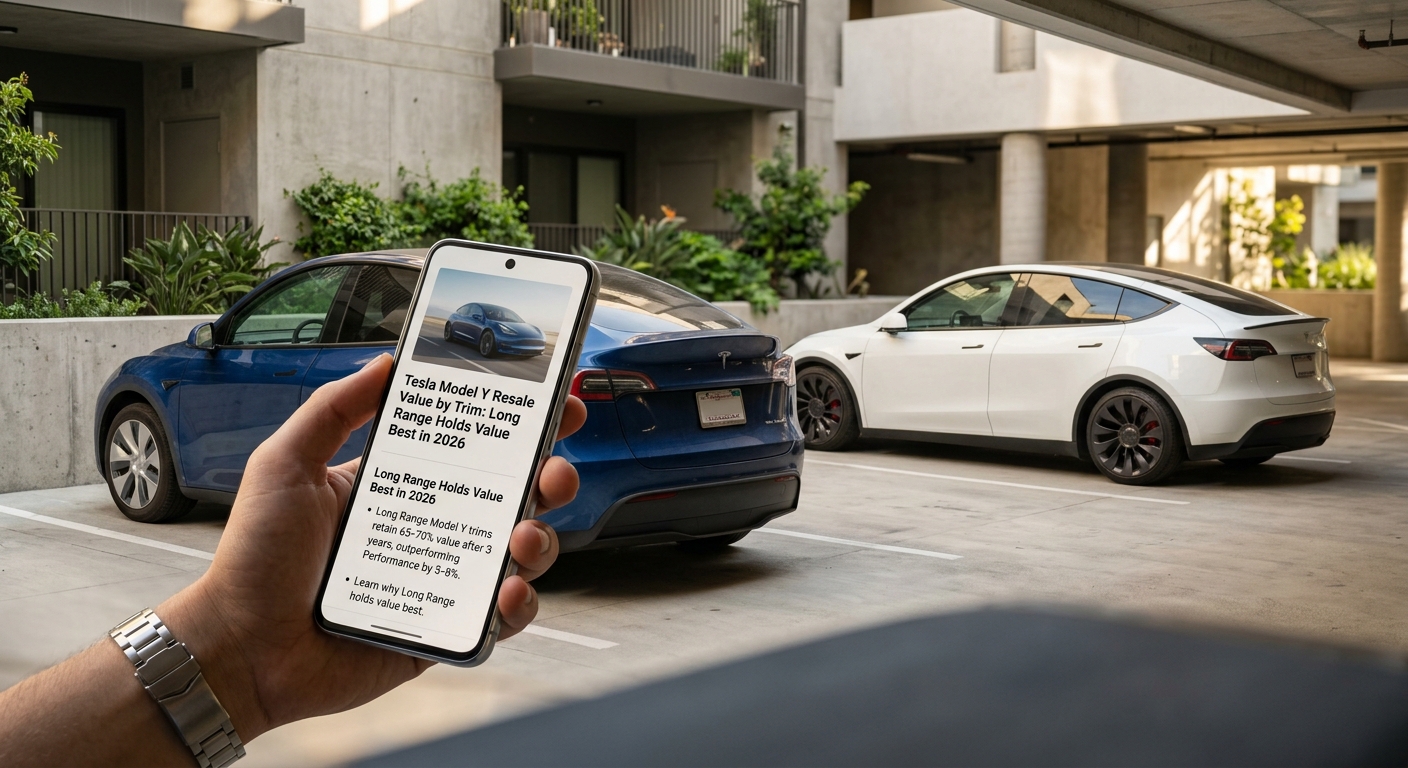 Hand holding smartphone displaying article about Tesla Model Y resale value, with blue and white Tesla Model Y vehicles pa...