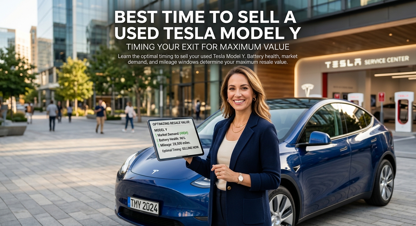 Woman in business attire holding tablet displaying Model Y resale metrics next to blue Tesla Model Y in urban plaza with s...