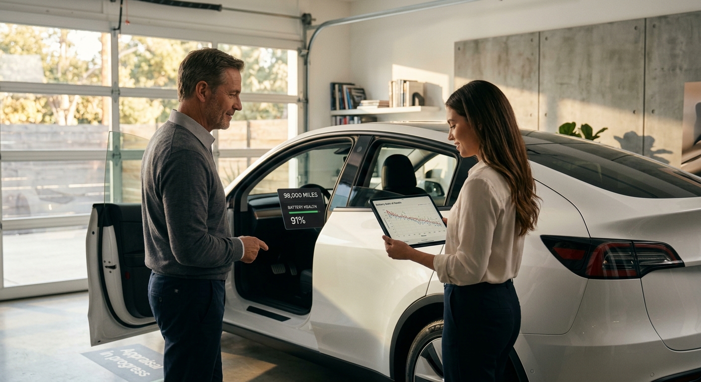 Man and woman in a garage reviewing a white electric vehicle with a digital display showing 98,000 miles and 91% battery h...